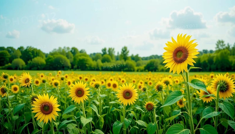 A vibrant field of sunflowers basks in the sun, their yellow faces turned towards the light. Lush green trees and a bright blue sky complete this summer scene, AI generated
