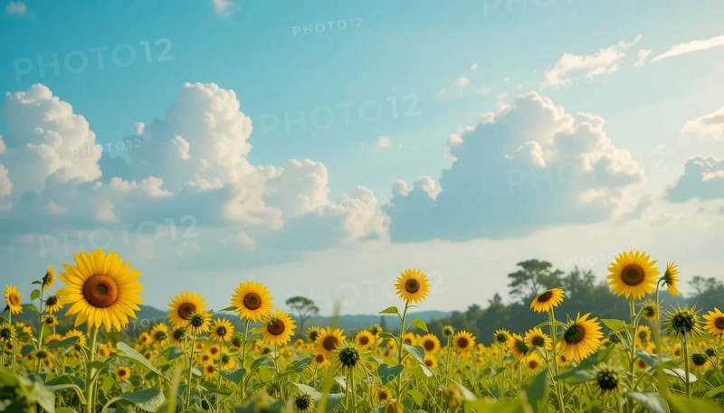 A vibrant field of sunflowers basks in the sunlight, with fluffy clouds dotting a clear blue sky, creating a picturesque summer scene, AI generated