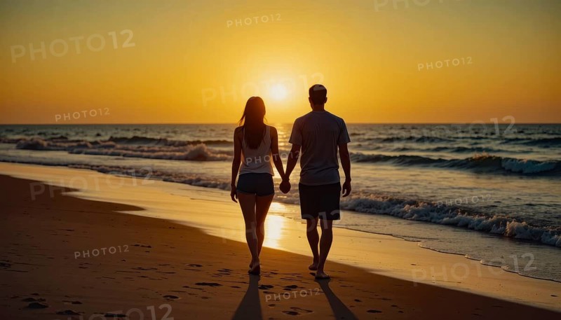 A romantic couple walks hand-in-hand along a sandy beach as the sun sets, creating a beautiful silhouette and warm, golden tones, AI generated