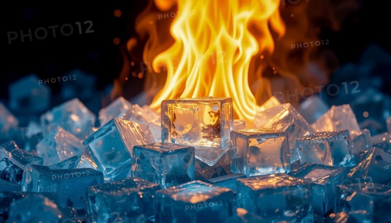 A striking visual contrast of fire and ice. Flames dance above ice cubes, creating a compelling metaphor of opposing forces, AI generated