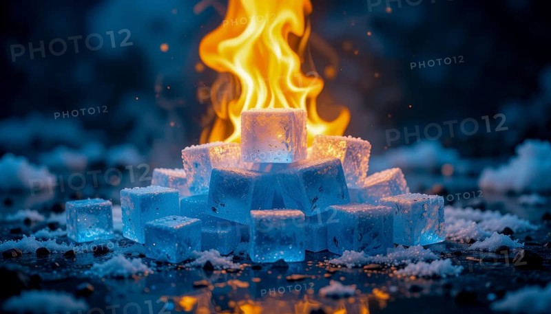 A mesmerizing juxtaposition of fire and ice. Glowing flames erupt from a pile of ice cubes, creating a surreal, dramatic scene, AI generated