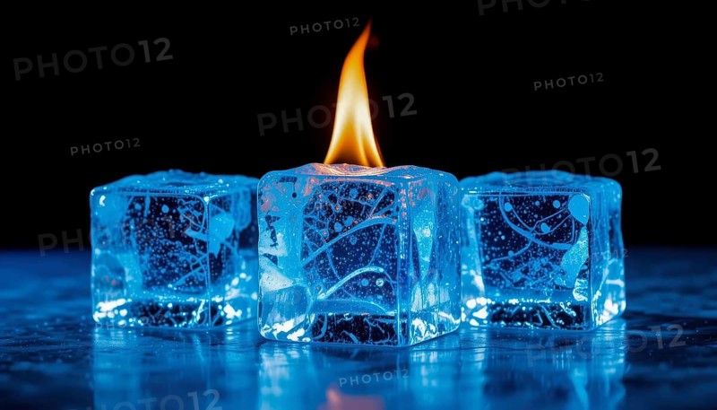 Three ice cubes glow with a blue hue, with one holding a vibrant flame that reaches upward against the backdrop of a dark setting, AI generated