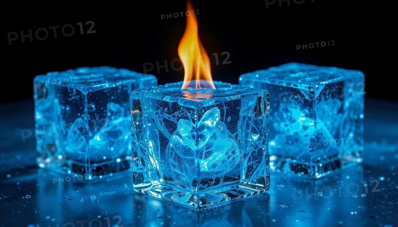 A striking image of ice cubes, one with a flame, creating a captivating contrast of fire and ice against a dark backdrop, AI generated