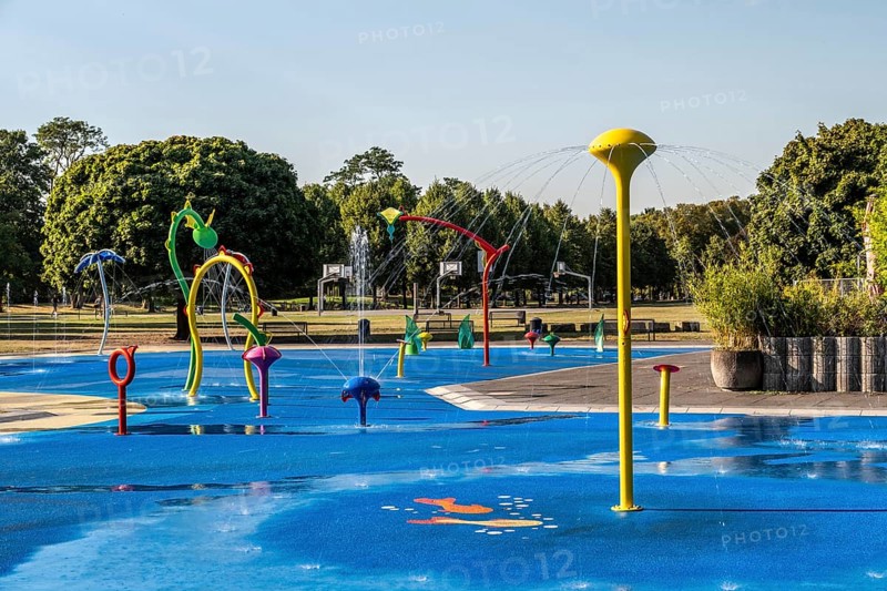 Water playground with colourful fountains, green belt, Cologne, North Rhine-Westphalia, Germany