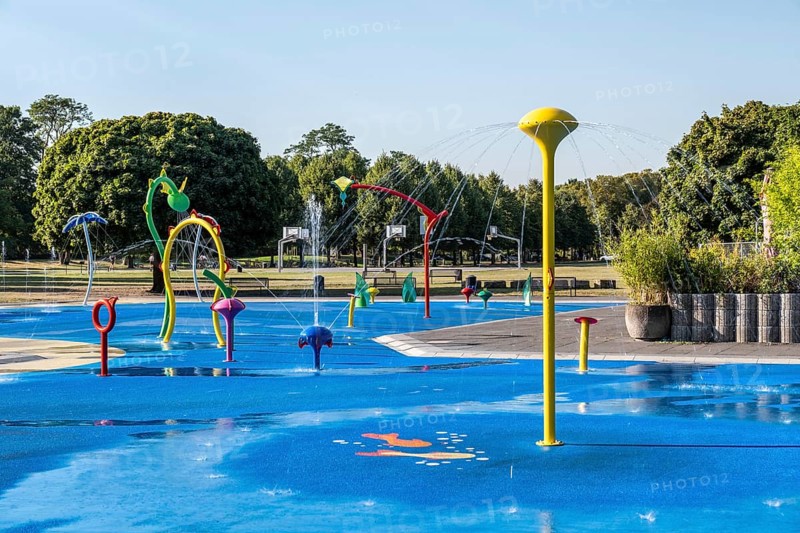 Water playground with colourful fountains, green belt, Cologne, North Rhine-Westphalia, Germany