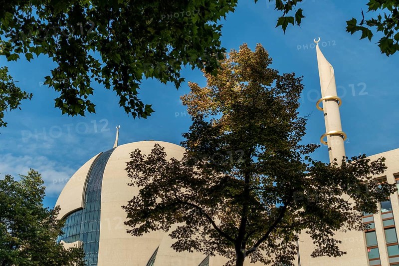 Mosque Cologne with minaret and trees