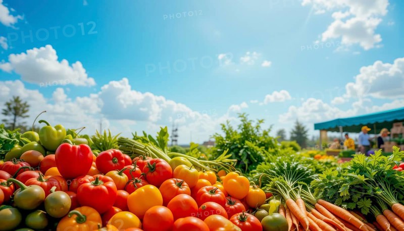 A vibrant farmers market scene with fresh produce under a bright blue sky filled with fluffy clouds, showcasing a colorful array of vegetables, AI generated