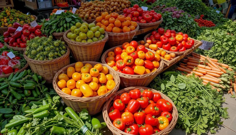 A colorful market stall overflows with fresh produce, including various types of tomatoes, peppers, and other seasonal vegetables, AI generated