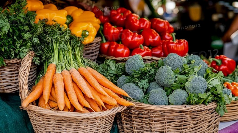 Fresh vegetables, including carrots, peppers, and broccoli, displayed in woven baskets, create a colorful market scene, AI generated