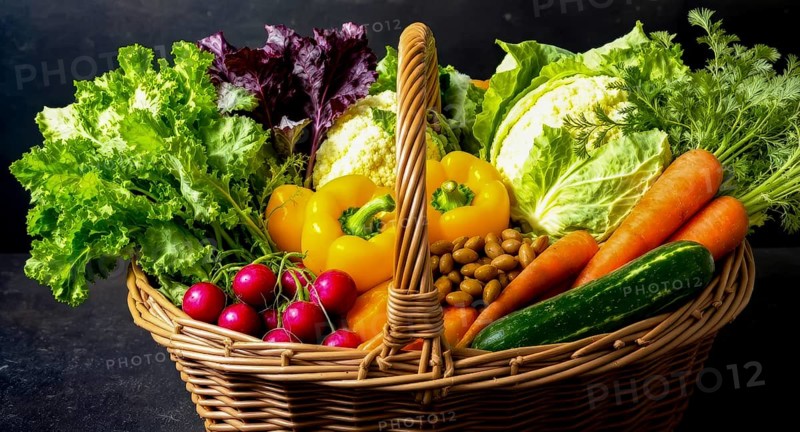 A vibrant basket overflowing with a variety of fresh, colorful vegetables, perfect for a healthy meal, AI generated