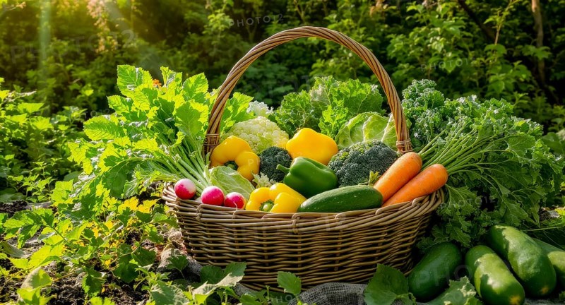 A rustic basket overflowing with fresh, colorful vegetables, showcasing the bounty of a garden on a sunny day, AI generated