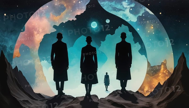 Silhouettes of people standing on a rocky surface, facing a surreal cosmic background with celestial bodies, dreamlike and mysterious, AI generated