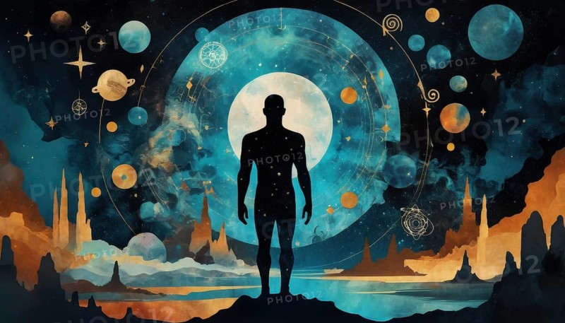 An artistic image of a silhouetted figure standing before a cosmic landscape filled with planets, stars, and celestial designs, AI generated