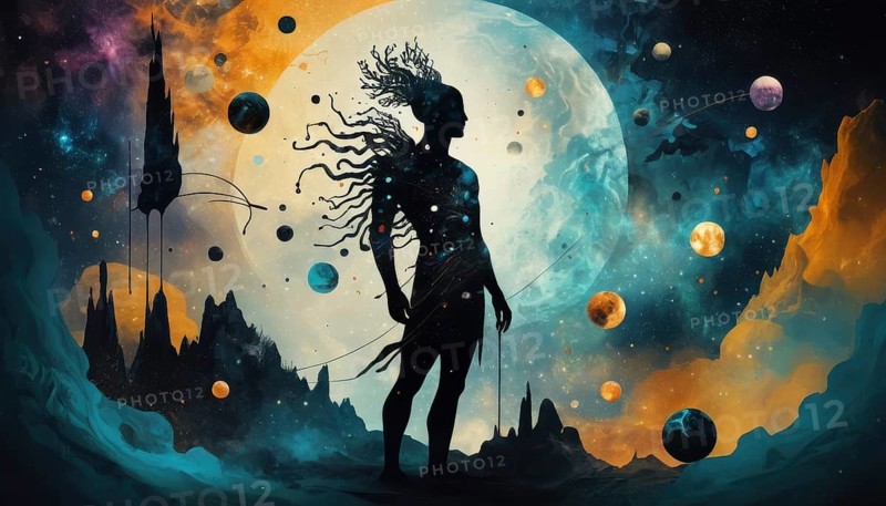 A celestial silhouette of a figure stands against a backdrop of cosmic wonder, surrounded by planets and nebulas, AI generated