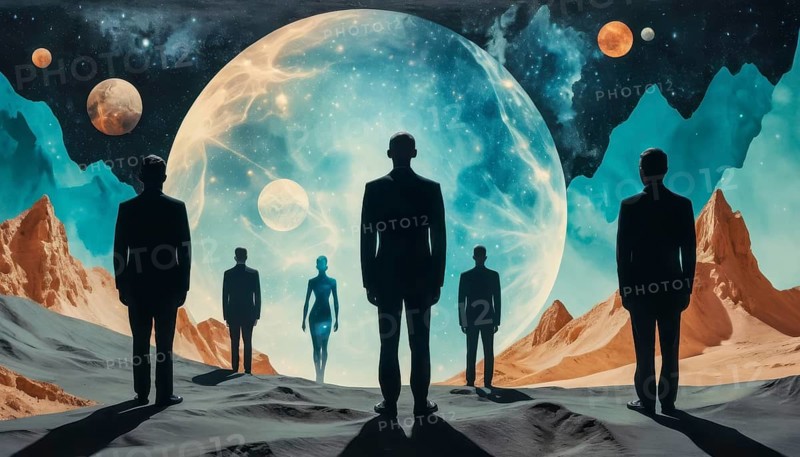 A surreal digital art piece showcasing figures standing before a cosmic landscape with planets and a nebula-like orb in the background, AI generated