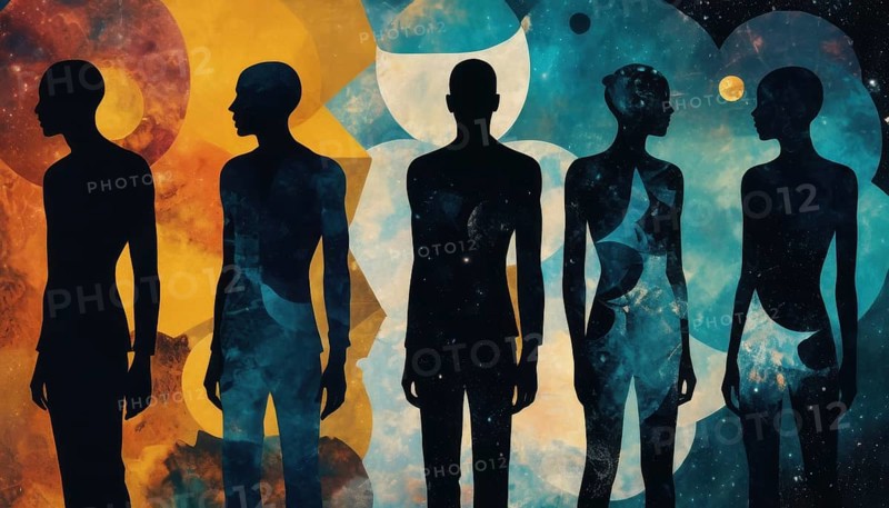 Five figures silhouetted against a backdrop of abstract celestial patterns. The artwork blends human form with cosmic elements in a striking composition, AI generated