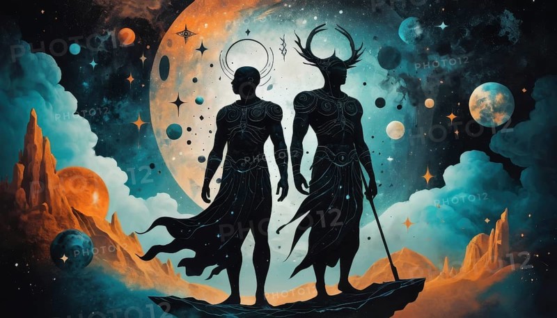 An ethereal artwork depicts two celestial figures in a cosmic landscape with planets, stars, and a dreamy atmosphere, AI generated