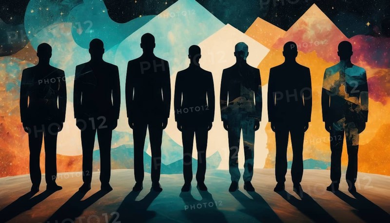 An artistic representation featuring seven individuals in silhouette against a backdrop of a colorful, abstract landscape, suggesting mystery and teamwork, AI generated