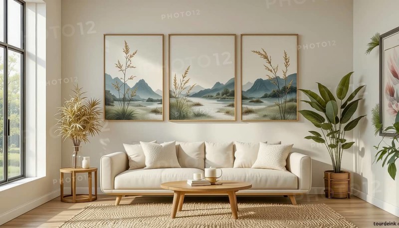A serene living room featuring a neutral palette, a comfortable sofa, wooden furniture, and framed landscape art, creating a calming ambiance, AI generated