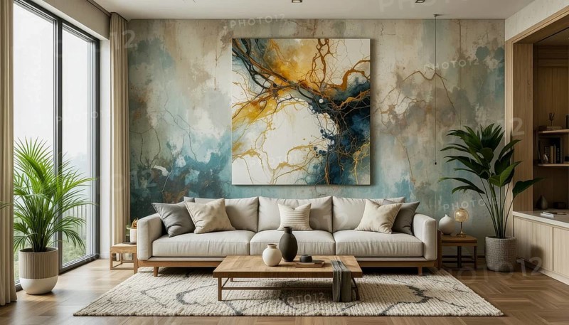 A cozy living room is bathed in natural light, featuring a modern aesthetic with a stylish sofa, artwork, and lush greenery, AI generated
