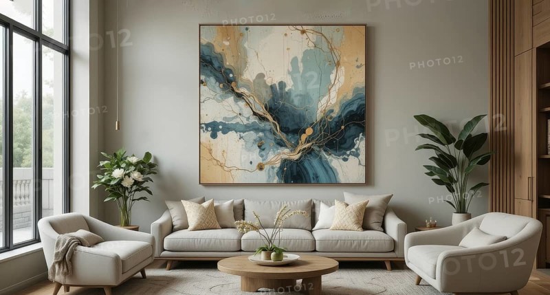 An inviting living room with a large abstract painting, stylish furniture, and natural light creating a cozy ambiance, AI generated