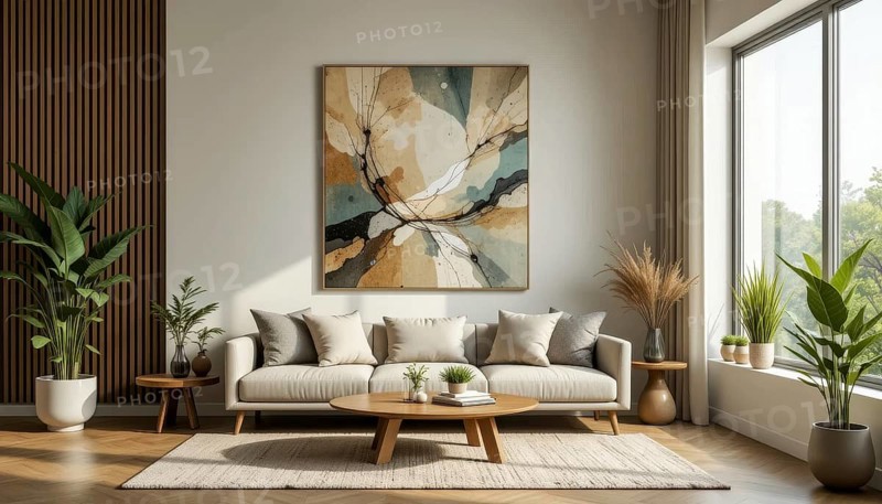 A modern living room showcasing a beige sofa, round coffee table, abstract art, and large windows overlooking greenery, AI generated