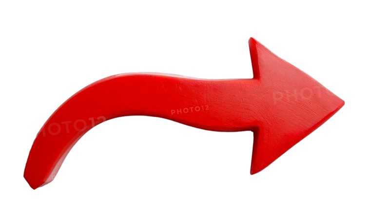 A bright red arrow curves gracefully against a clean white background, symbolizing direction and progress, AI generated