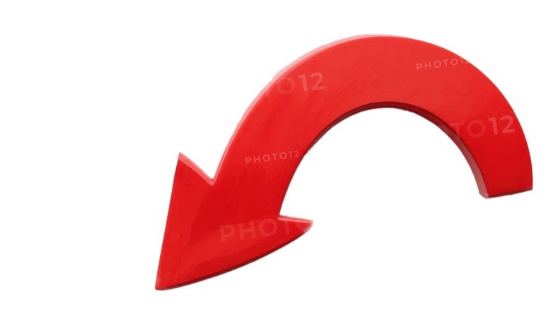 A vibrant red, downward-curving arrow on a white background, symbolizing direction, progress, or decline, AI generated