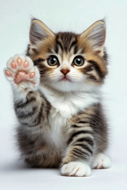 A charming kitten waves its paw towards the viewer, looking adorable with its fluffy fur and captivating eyes, AI generated