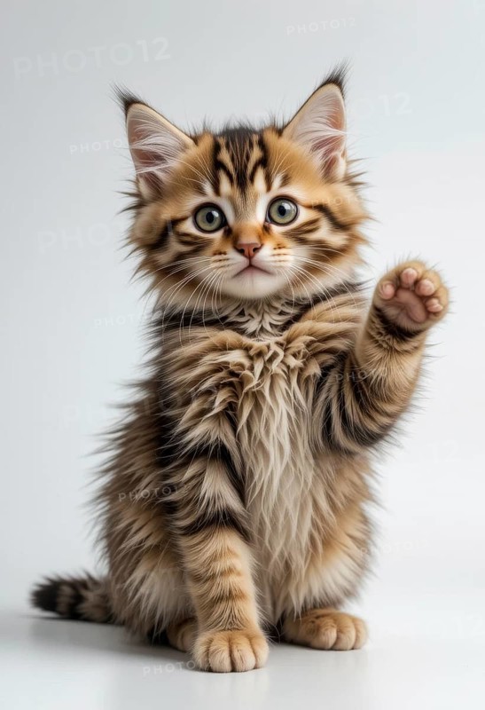 Adorable kitten raises a paw, looking curious and playful against a white background. Its fluffy fur and expressive eyes captivate, AI generated