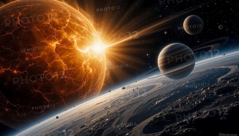 A stunning space scene featuring a fiery planet erupting with light, surrounded by other celestial bodies and rings, AI generated