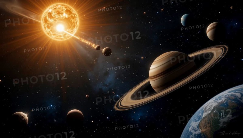 A vibrant digital art piece showcasing planets, stars, and a bright sun amidst a vast space scene, AI generated