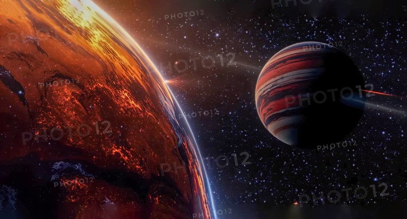 Dramatic space scene features a fiery planet and a gas giant against a starry backdrop, creating a vivid cosmic display, AI generated