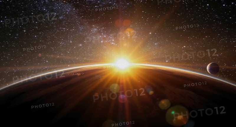 A vibrant sunrise over an alien planet with stars and a moon in the cosmic expanse, creating a sense of wonder, AI generated