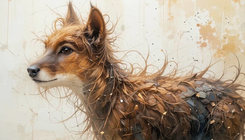 A stunning artistic depiction of a fox with intricate textures and warm colors. The focus is on its expressive face, AI generated