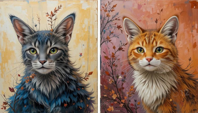 A stunning artistic diptych features portraits of two cats, one gray and one orange, adorned with botanical elements, AI generated