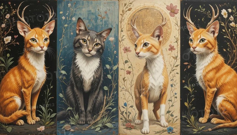 A captivating artwork showcasing four elegant cats, each adorned with antlers, in a serene, whimsical setting, AI generated