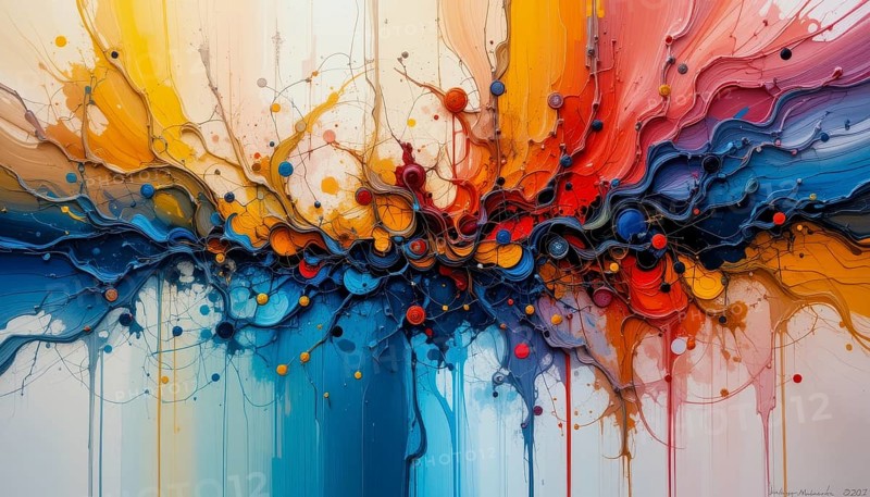 Abstract artwork featuring a dynamic explosion of colors and textures, blending artistic expression and visual interest on a white background, AI generated