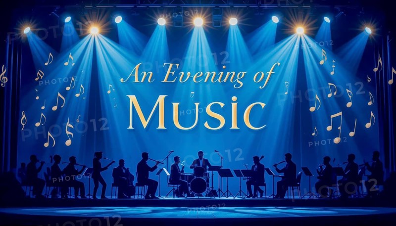 A stage featuring a musical performance with an orchestra, spotlights, and musical notes, creating an elegant ambiance, AI generated