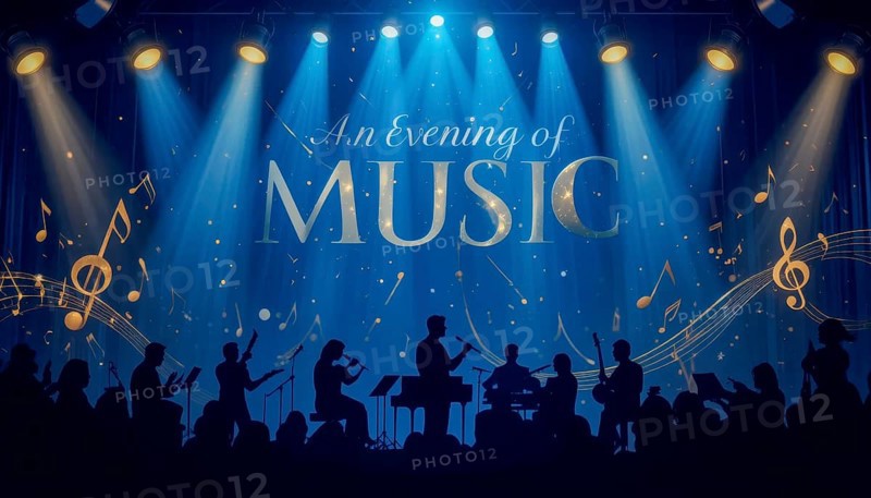 An artistic illustration depicting a musical performance. The stage is illuminated, with musicians and the audience in silhouette, AI generated