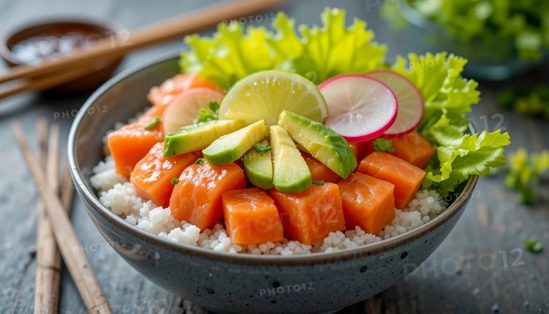 A close-up shot of a delicious salmon poke bowl with fresh avocado, radish, lime and lettuce, served on a bed of rice, AI generated