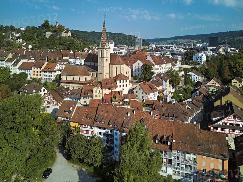 View of the old town with the parish church of Maria Himmelfahrt, behind the ruins of Stein Castle, formerly an administrative centre of the Habsburgs, Baden, Canton, Aargau, Switzerland