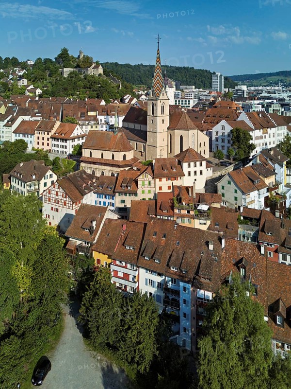 View of the old town with the parish church of Maria Himmelfahrt, behind the ruins of Stein Castle, formerly an administrative centre of the Habsburgs, Baden, Canton, Aargau, Switzerland