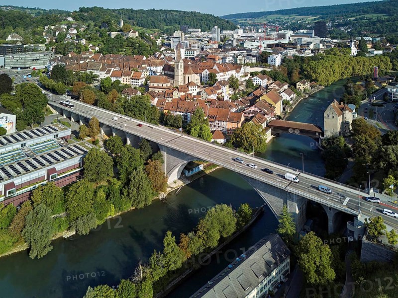 View of the old town, in front the high bridge, behind the covered wooden bridge with the Landvogteischloss on the river Limmat, Baden, Canton, Aargau, Switzerland