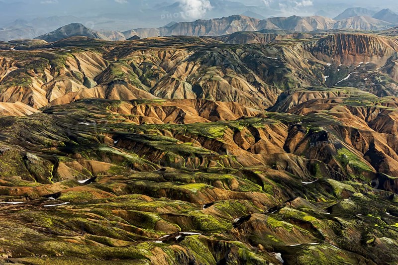Mountain landscape, sunny, summer, volcanic landscape, aerial view, Landmannalaugar, Fjallabak Nature Reserve, Icelandic Highlands, Iceland