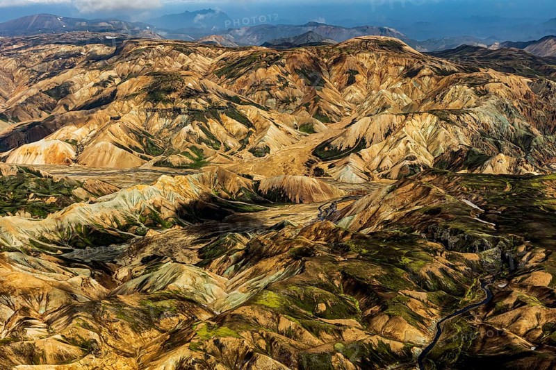 Mountain landscape, sunny, summer, volcanic landscape, aerial view, Landmannalaugar, Fjallabak Nature Reserve, Icelandic Highlands, Iceland