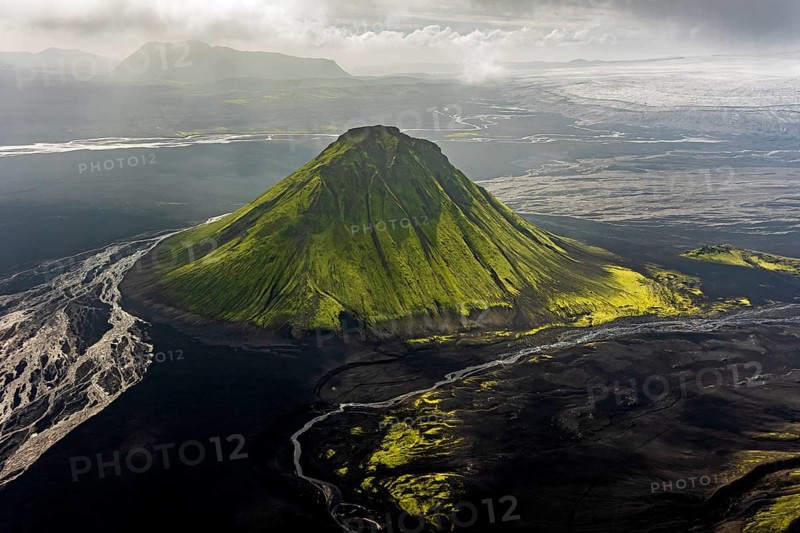 Mountain landscape, sunny, summer, volcanic landscape, river bed, river, aerial view, backlight, Maelifell volcano, Maelifellssandur, Icelandic Highlands, Iceland