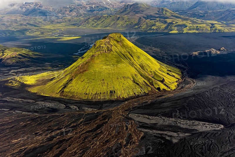 Mountain landscape, sunny, summer, volcanic landscape, river bed, river, aerial view, Maelifell volcano, Maelifellssandur, Icelandic Highlands, Iceland