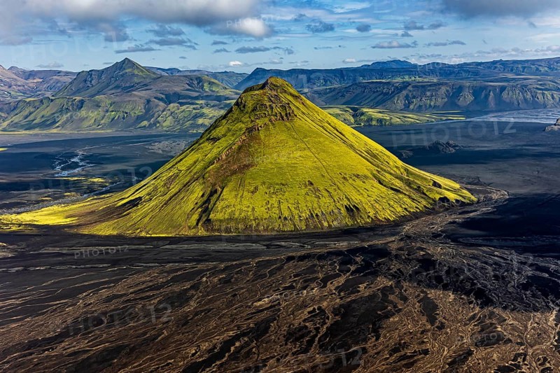 Mountain landscape, sunny, summer, volcanic landscape, river bed, river, aerial view, Maelifell volcano, Maelifellssandur, Icelandic Highlands, Iceland