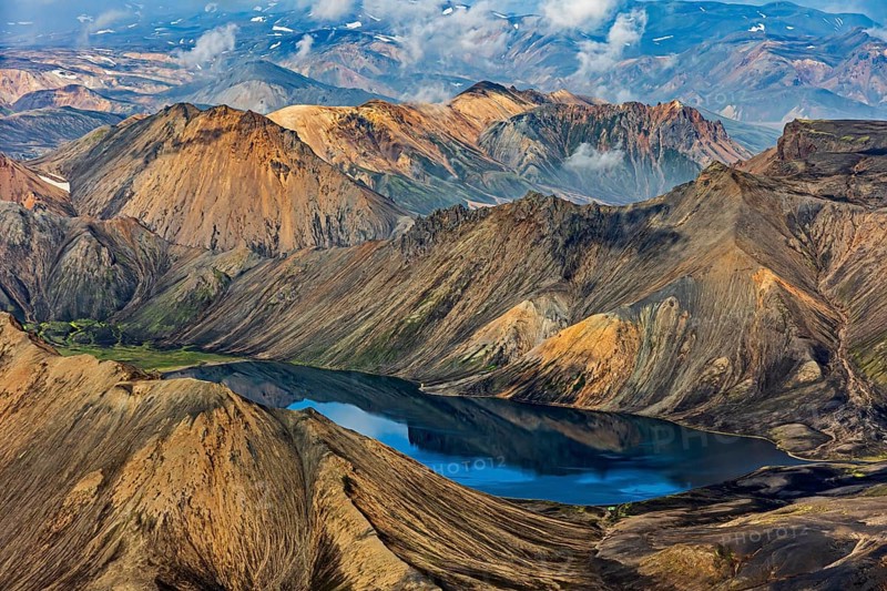 Mountain landscape, lake, sunny, summer, volcanic landscape, aerial view, Landmannalaugar, Fjallabak Nature Reserve, Icelandic Highlands, Iceland